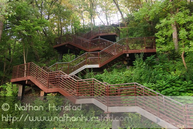 A stairway leading from street level down to the banks of the Mississippi River near Franklin Avenue.
